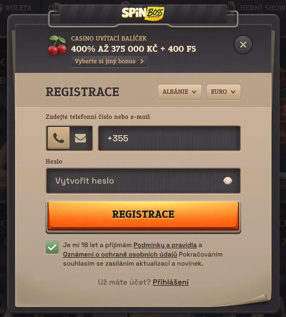 Registrační formulář v Spinboss casino